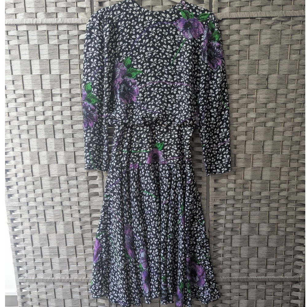 Vtg Dress Black Floral Purple Poppy Blouson Long Sleeve Sz 5/6 Cottagecore